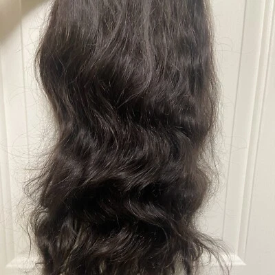 Peluca frontal de encaje ondulado natural sintético marrón oscuro/negro longitud media Foto 1 de 4