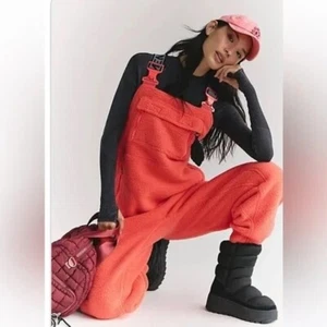 Free People Hit the Slopes Ski Salopette Fleece Slouchy Bib Large NWT Orange NWT - Picture 1 of 5