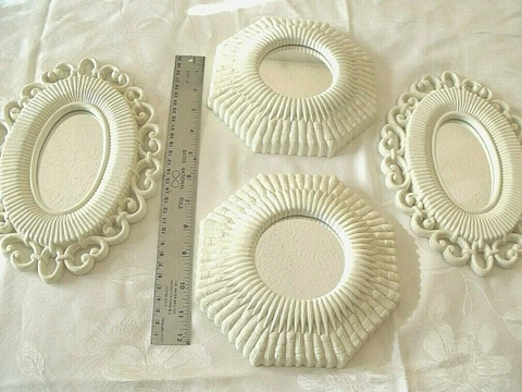 Set 4 Mirrors Faux Wicker Syroco Shabby Cottage White Vtg Octagon 7" Oval 9.5x7 Cover