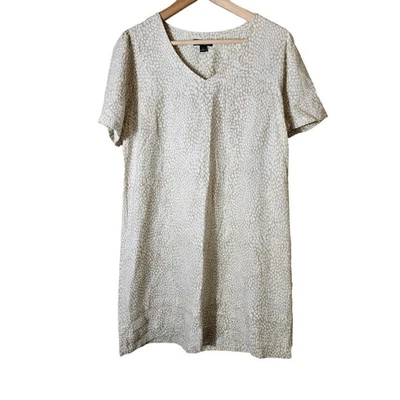 NICOLE MILLER Original Tan White Print Linen Blend Above Knee Shirt Dress SZ L - Image 1 of 4