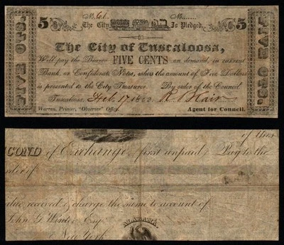 1862 5c RARE City of Tuscaloosa, AL REVERSE PRINT Southern State Currency! - Image 1 of 3