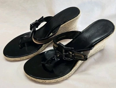 *BURBERRY Women's 41 Nova Check Black Patent Leather Espadrille Wedge Sandals - Image 1 of 4