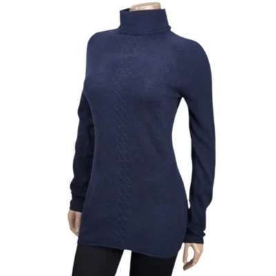 Suéter túnica de cachemir Daniel Bishop de colección para mujer grande azul tejido con cable cuello alto Foto 1 de 4