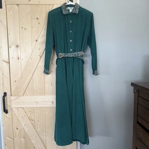 Vintage Orvis Corduroy Prairie Modest Long Sleeve Green Dress Embroidered Collar - Picture 1 of 8