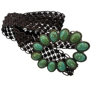 Vintage Womens Woven Chain Belt With Green Stone Buckle Antique Gold-Tone Finish - Picture 1 of 7