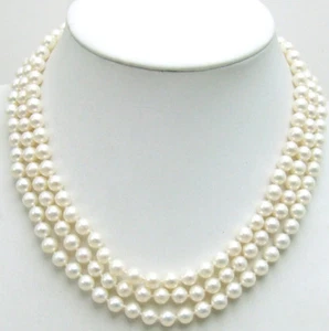 Collar redondo de perlas blancas naturales 6-7 mm para mujer broche de oro 14K de 3 hebras - Imagen 1 de 12