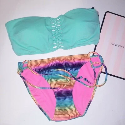 Bikini de natación Victoria Secret parte superior mediana parte inferior pequeña arco iris aguamarina rayas macramé Foto 1 de 3