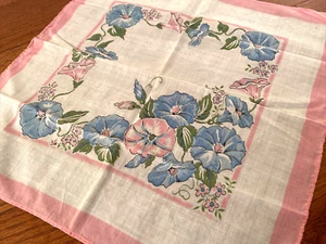 Vintage Cotton Hanky White w Pink Blue Floral 12" Handkerchief Morning Glory - Picture 1 of 4