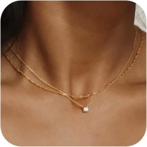 Tewiky Diamond Necklaces for Women, Dainty Gold Necklace 14K Gold Plated Long La - Picture 1 of 12