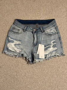 Women's Distressed Denim Shorts Size M Frayed Hem High-Rise Blue Casual Summer - Picture 1 of 7