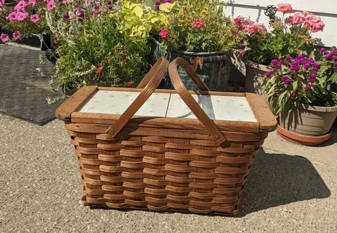 Oak picnic basket Vintage Mid Century Modern Atomic Wicker Rattan slide doors Cover
