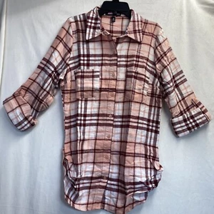 101 Ocean Parkway Plaid Collared Roll Tab Sleeve Shirt Women Medium Pink Multi - Picture 1 of 19
