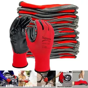 24 Pairs NITRILE PALM COATED Red Nylon Safety Work Gloves Builders Garden Grip - Picture 1 of 6