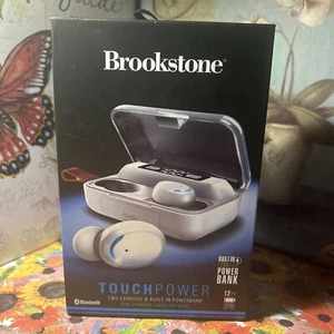 Brookstone Touch Power Two EARBUDS Bulit-in Powerbank Dual Charging 12hrs Play - Picture 1 of 13