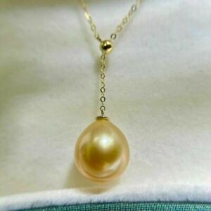 Gorgeous AAAA 9x12mm South Sea Golden pearl pendant necklace 18" 14K GOLD P