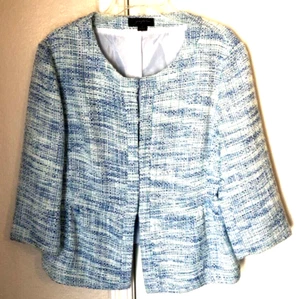 Josephine Womens Blazer Jacket Blue Off White Marled Hook & Eye Lined 16 - Picture 1 of 8