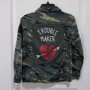 Zara Girls 9/10 Trouble Maker Green Camo Jacket Grunge Casual Unlined Cotton - Picture 1 of 14