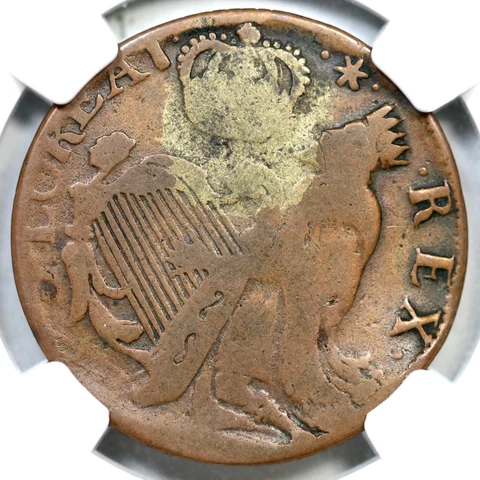 c1670 V 1-B W-11540 NGC VG 10 St. Patrick Half Penny Colonial Copper Coin 1/2p Cover