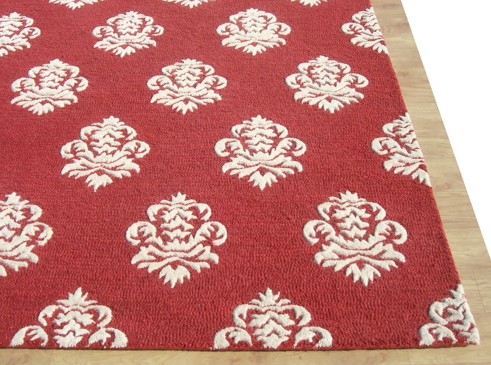 Alfombra Damasco Roja Blanca Moderna Lazo Hecha a Mano Acolchada 100% Lana Foto 1 de 4