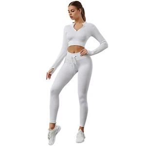 White 2 Piece Long Sleeve Fitted Graphic Yoga Gym Work Out Set For Women - Picture 1 of 24