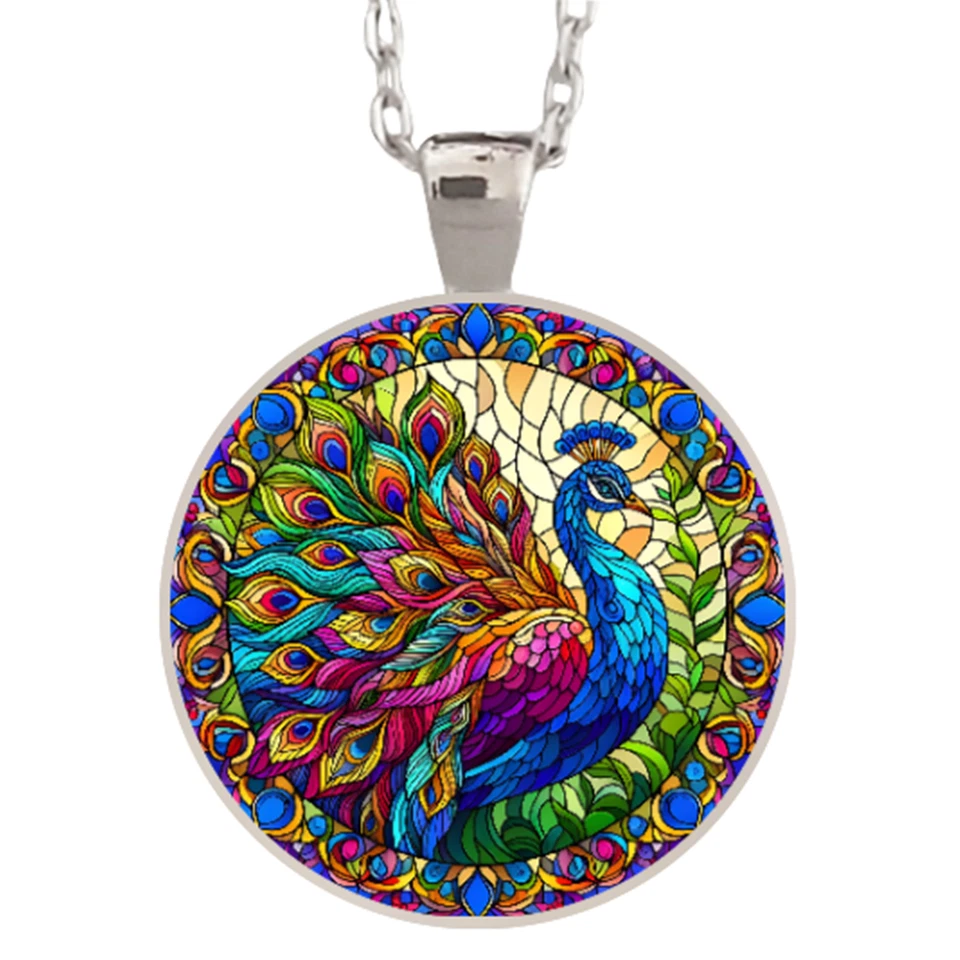 Colgante/Collar Bisel Pavo Real Imitación Vitral Tono Plata Oro O Oro Rosa Foto 1 de 4