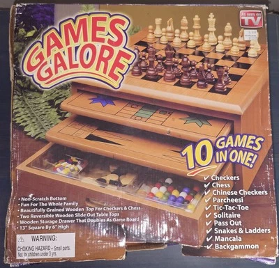 GAMES GALORE! 10-in-1 Classic Wood Board Game Set – Family Fun Treasure Chest! - Image 1 of 4