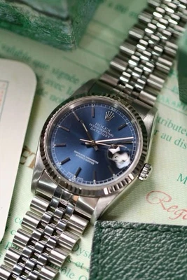 2003 Rolex Datejust 16234 Blue Sunburst Roman Dial Fluted Jubilee Full Set - Image 1 of 4