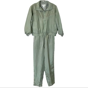 Set tuta vintage Y2K Maurada 100% seta perline pizzo XL giacca jogger salvia - Foto 1 di 16