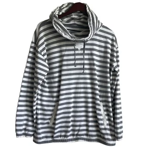 LZC Sportswear Women Sweatshirt M Gray Striped Tunic Funnel Neck Coastal Preppy - Picture 1 of 9