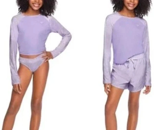 Nuevo con etiquetas Conjunto de Natación Roxy 3 Piezas LS Protector contra Erupciones Top Bikini Pantalones Cortos Púrpura Niñas L 14 16 Foto 1 de 1