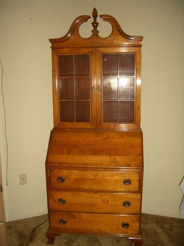Drop front Secretary Desk, Display Cabinet China Hutch Solid Maple Brass 1970's Cover