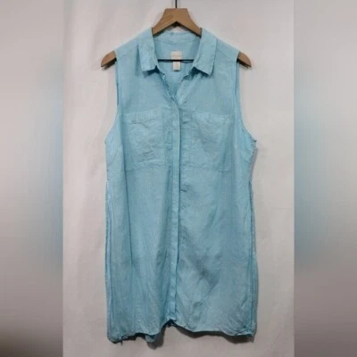 Vestido Camisa Chico's 100% Lino Sin Mangas Para Mujer L Azul Retro Años 90 Y2K Informal Foto 1 de 4