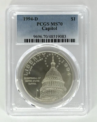1994D PCGS MS70 - Capitol Dollar Commemorative - Blue Label - Top Pop 1 of 288 - Image 1 of 2