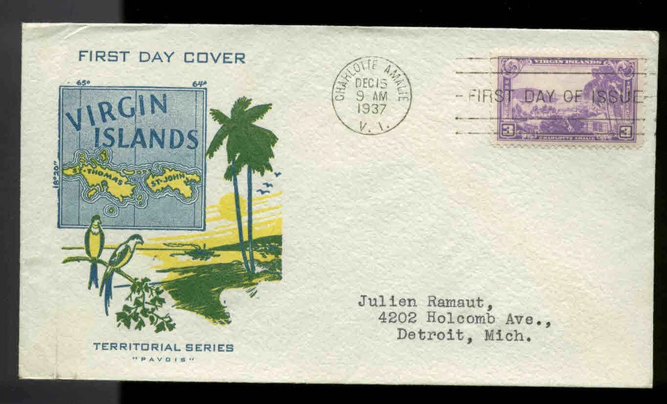 802 VIRGIN ISLANDS FDC CHARLOTTE AMALIE, VI PLANTY P68 PAVOIS TEXTURED ENVELOPE - Image 1 of 1