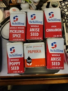Lot 6 VINTAGE SCHILLING SPICE TIN Pickling, Anise, Cinnamon, Poppy, Paprika - Picture 1 of 1