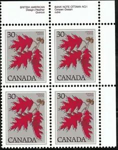 Canada sc#720 Trees: Red Oak, UR BABN Plate Block N°1, Mint-NH - Picture 1 of 2