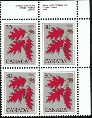Canada sc#720 Trees: Red Oak, UR BABN Plate Block N°1, Mint-NH - Image 1 of 2
