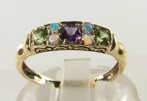 SUFFRAGETTE 9k 9CT GOLD AMETHYST PERIDOT OPAL ART DECO INS BAND RING FREE SIZE - Picture 1 of 5