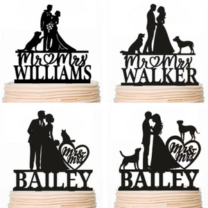 Bride and Groom with Dogs Couple Cats Silhouette Customised Cake Topper Pet - Picture 1 of 13