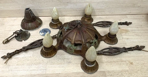 Hanging Fixture Antique Art Deco 5 Light Ceiling Pot Metal Red Green Gold PARTS Cover