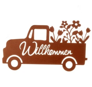 Dekohänger Auto mit Blumen Willkommen, Metall Fensterdeko, Edelrost Gartendeko - Bild 1 von 1