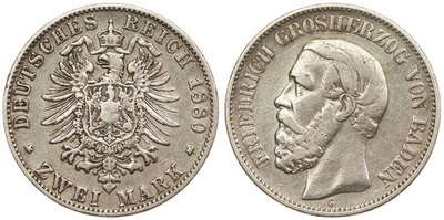 Moneda de plata Imperio alemán 2 marcos 1880 Baden - Federico I Foto 1 de 3