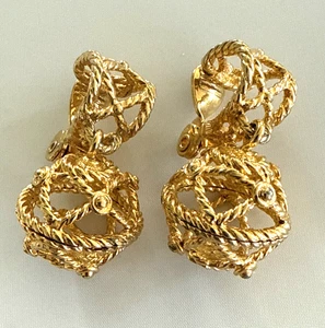 Monet Ball Pendant Clip On Earrings Gold Tone Metal - Picture 1 of 7