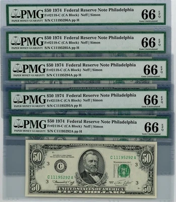 FR. 2118-C $50 1974 Federal Reserve Note 5 Consecutive 66 EPQ PMG DC-2579 - Image 1 of 3