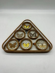 Vintage '70s Retro Pressed Butterfly Bamboo Coasters W/ Serving Tray - Picture 1 of 18