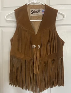 Vintage Schott Brown Leather Fringe Western Cowboy/Cowgirl Vest - Girls Size 10 - Picture 1 of 8