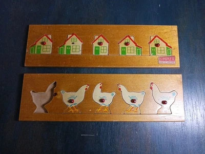 Lot Of 2 Simplex Vintage Wood Puzzles Holland - Chickens & Houses - Red Bead - Image 1 of 4