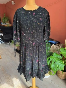 Sensational ALLSAINTS Black Floral Rouched Detail "Jaya Heligan" Flippy DRESS 12 - Picture 1 of 7