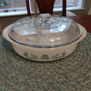 Glasbake Vintage Green Daisy Flower Cake Pie Dish J2429 8” With Lid. - Picture 1 of 5