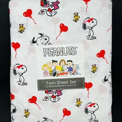 JUEGO DE SÁBANAS GEMELAS PEANUTS Snoopy Día de San Valentín Corazones Globos Aniversario Rojo Foto 1 de 4